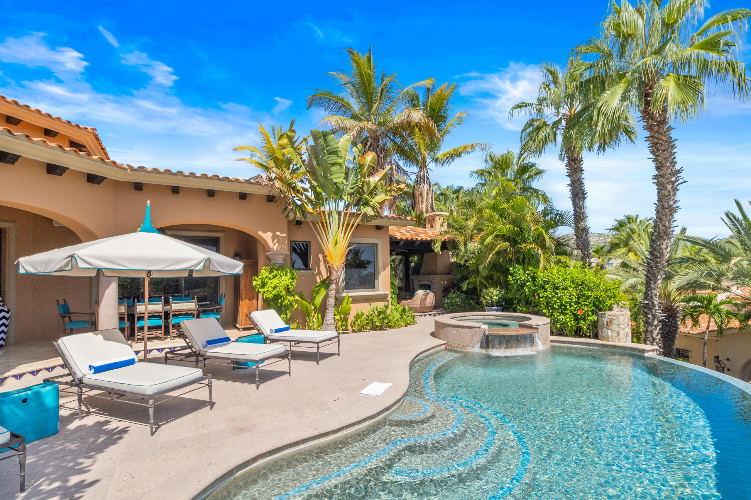 Palmilla Villas Del Mar Discover this single-level Cielos home in the prestigious Villas Del Mar community. The thoughtfully designed great room flows seamlessly into the kitchen, dining area, and expansive terrace, where indoor and outdoor living unite. On the terrace, enjoy a private dining space, infinity-edge pool and spa, and inviting areas for relaxation or entertaining.Offered at the best price in the community, this property is not only a beautiful retreat but also a rare investment opportunity with a strong rental history. Ideally located close to world-class amenities--including a swimmable beach, shops, restaurants, an organic market, and more--it also provides opportunities to join exclusive private clubs such as Club 96, Espiritu, the One&Only Golf Club, and Palmilla Dunes Club. for sale